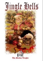 Santa. Skull in a black santa hat, baubels and blood.